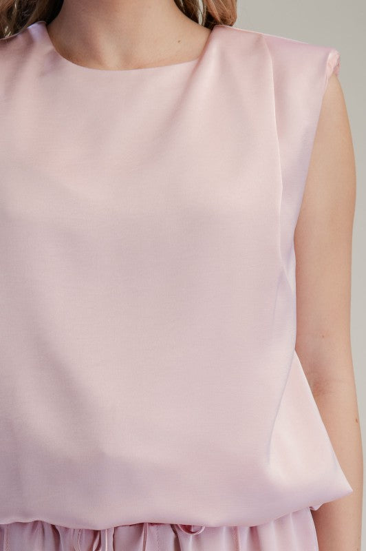 Glam pink round neck shoulder padded top