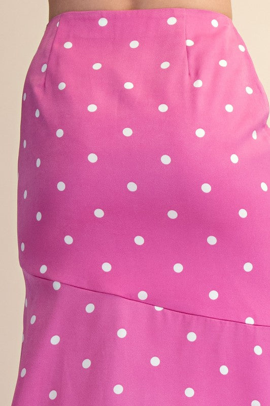 Glam pink white dot midi skirt with slit