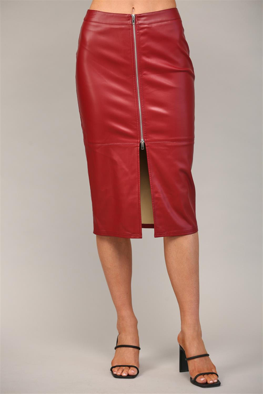 Fate skirt midi crimson faux leather zip front