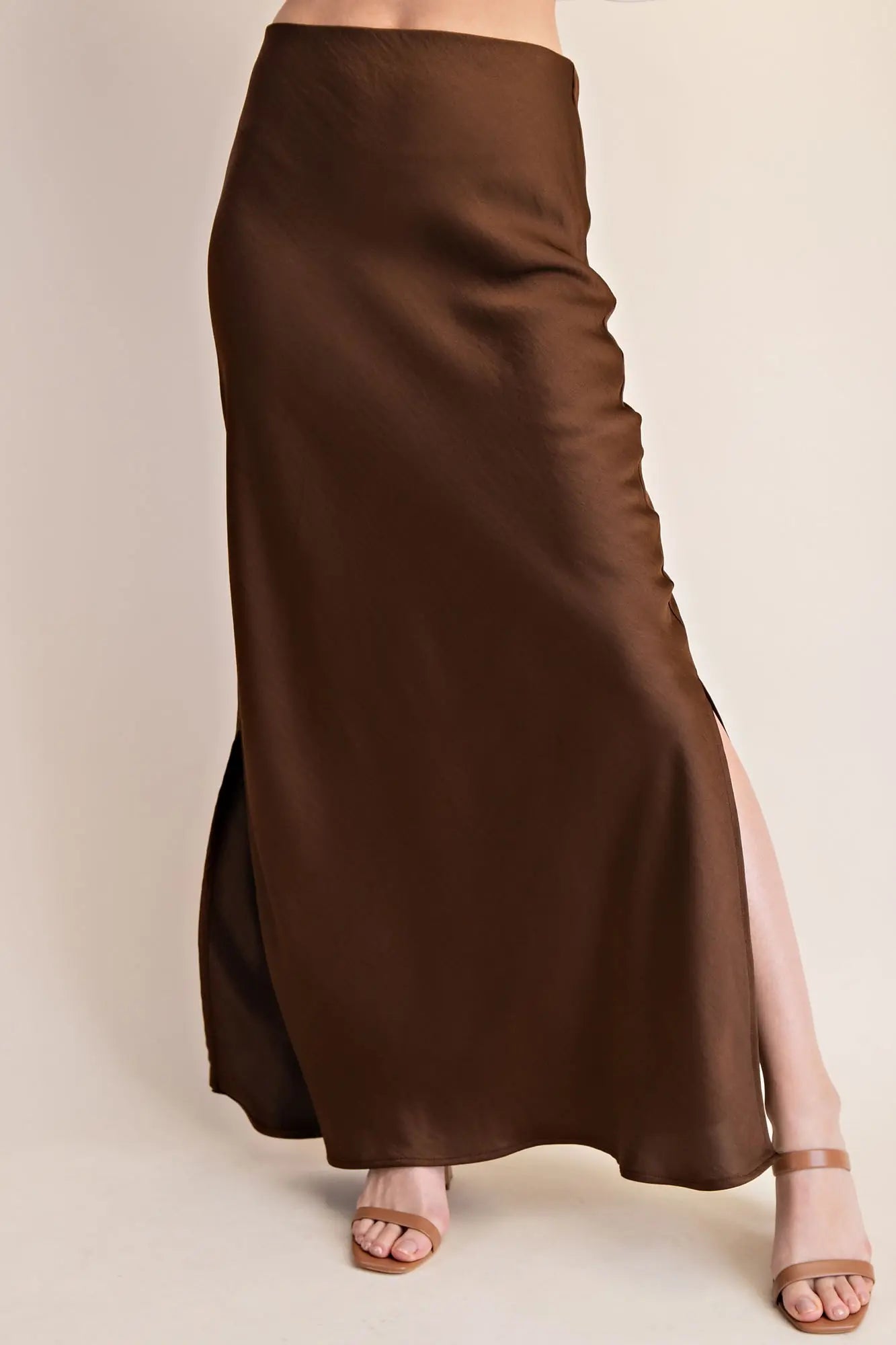 Glam brown satin side slit maxi skirt