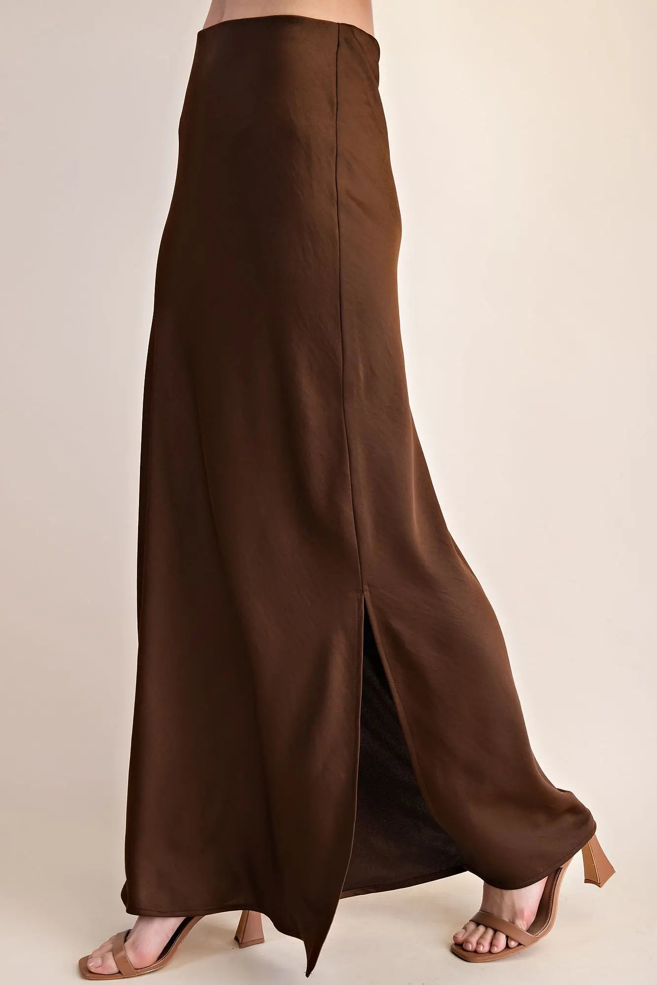 Glam brown satin side slit maxi skirt