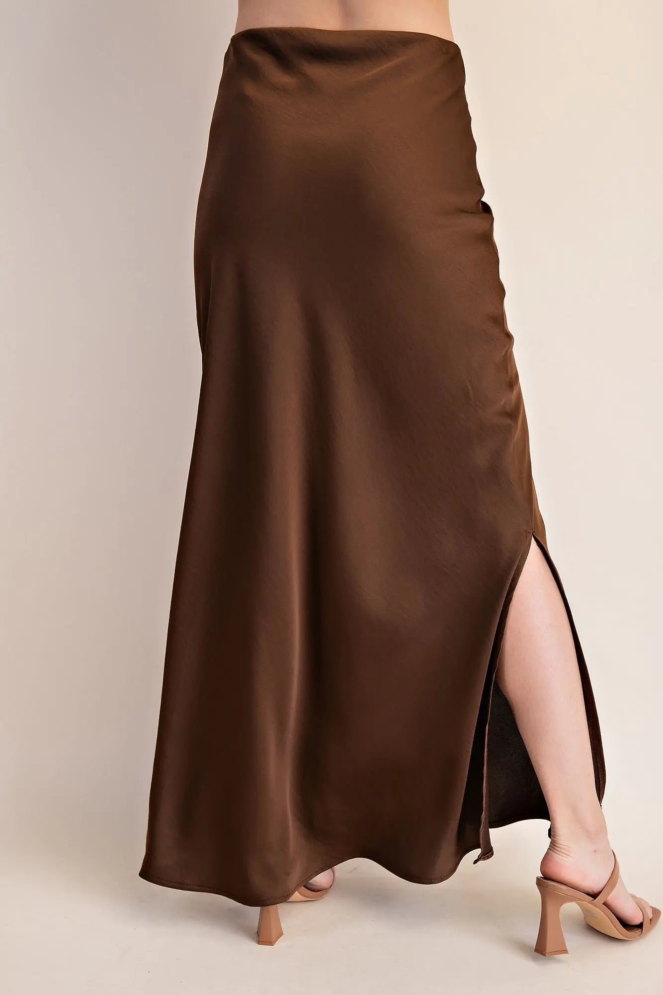Glam brown satin side slit maxi skirt