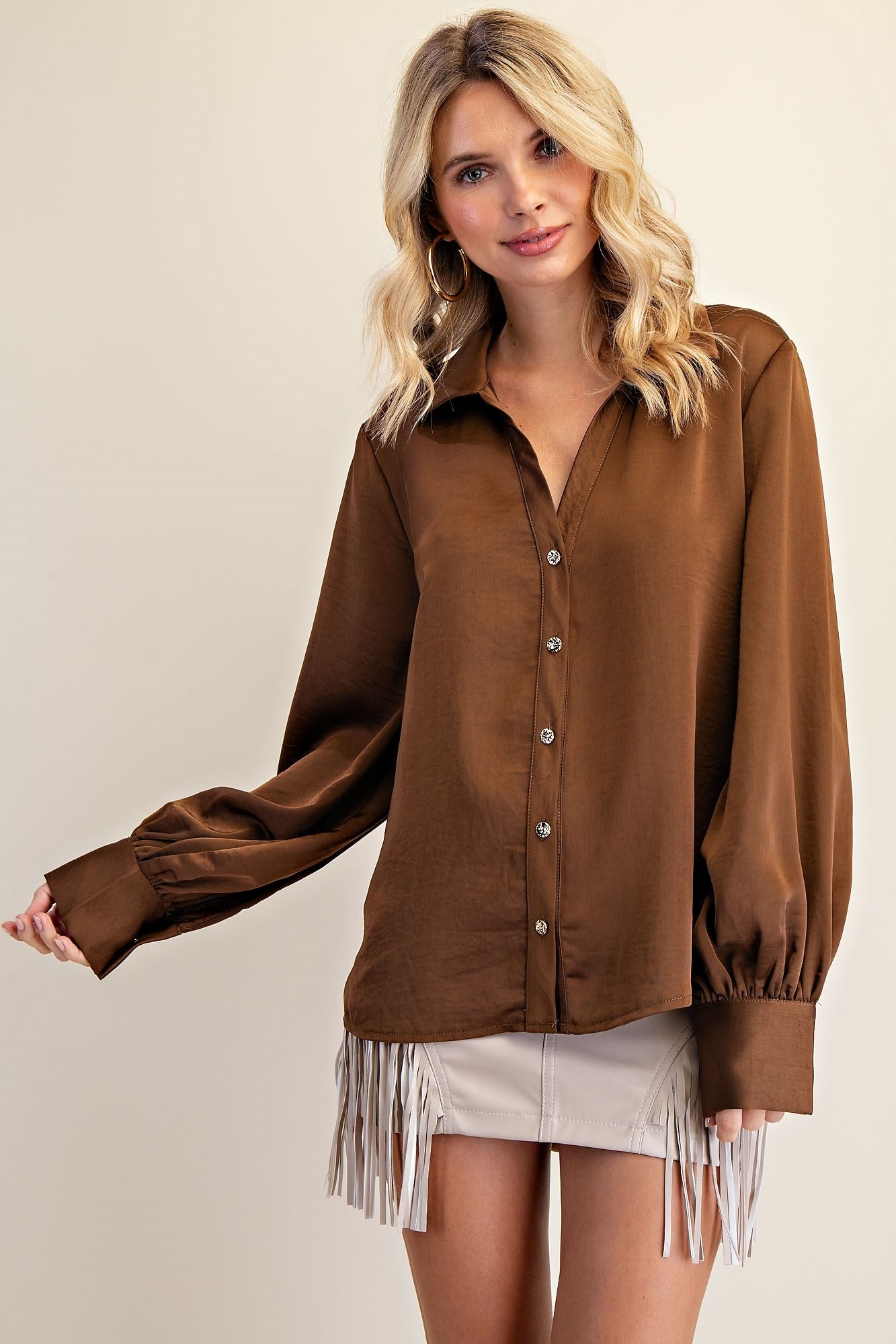 Glam Top Brown V-neck Button Down Lg/s