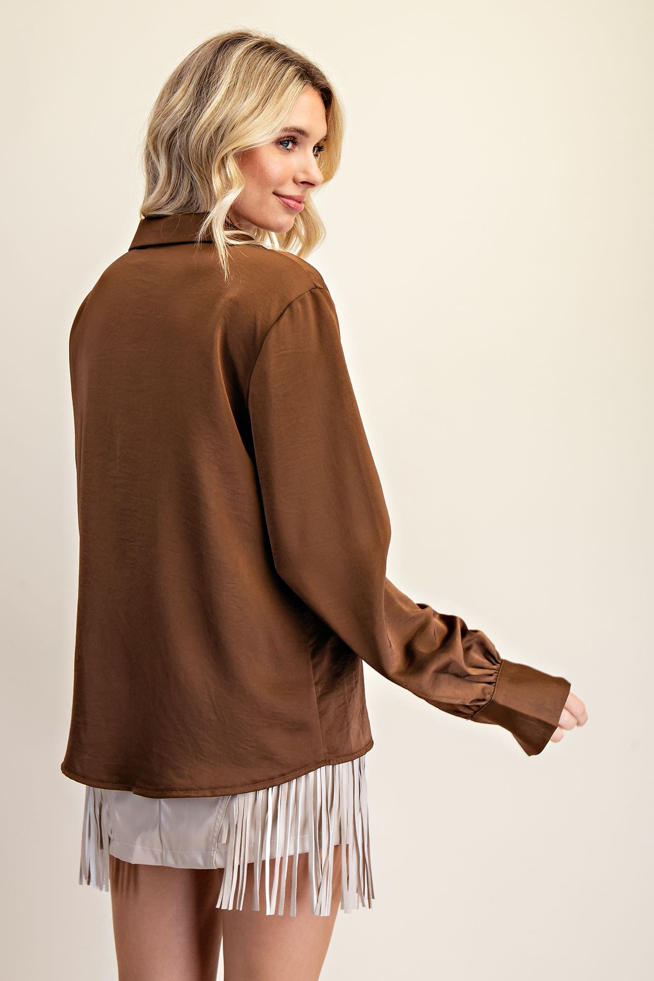 Glam Top Brown V-neck Button Down Lg/s