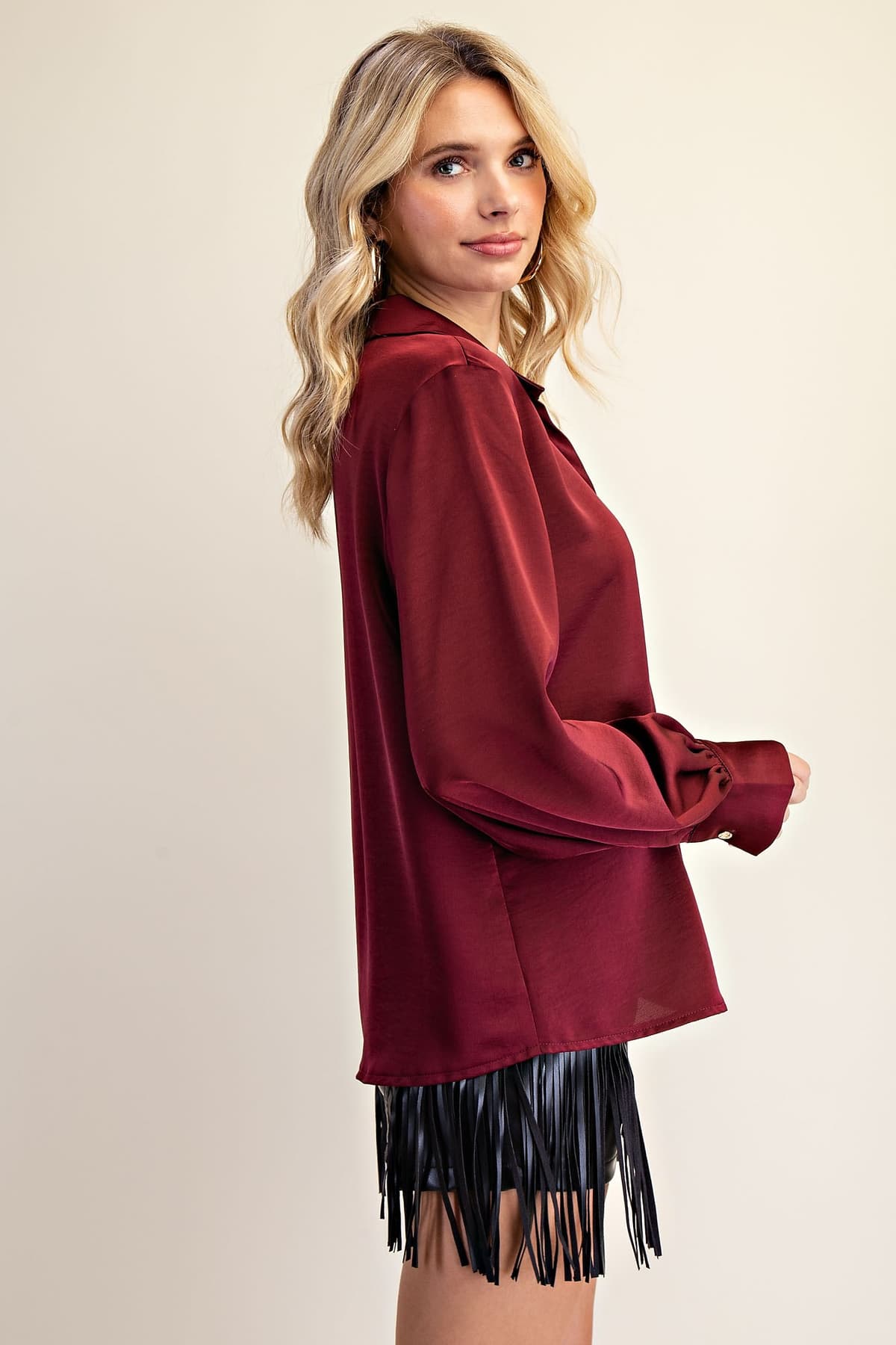 Glam Top Brown V-neck Button Down Lg/s