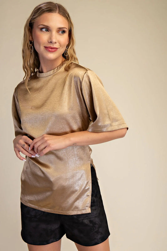 Glam Round neck asymmetrical hem short sleeve top