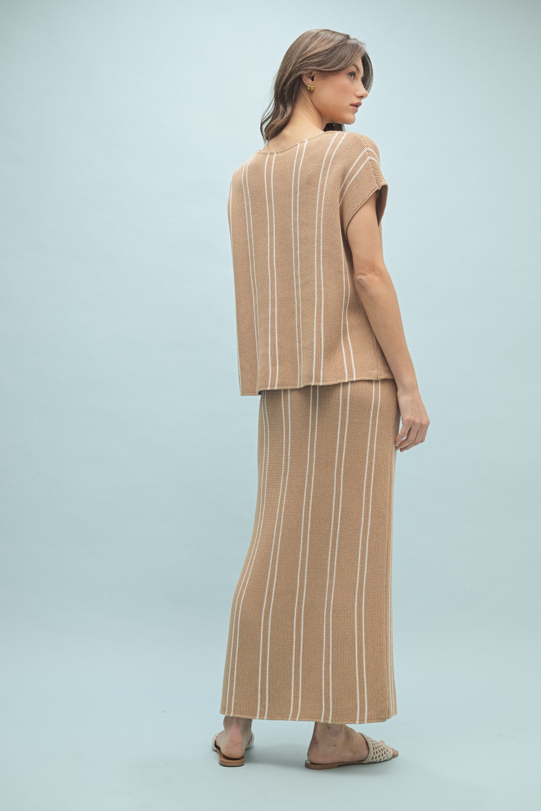 Wishlist striped sweater top and skirt set mocha/cream