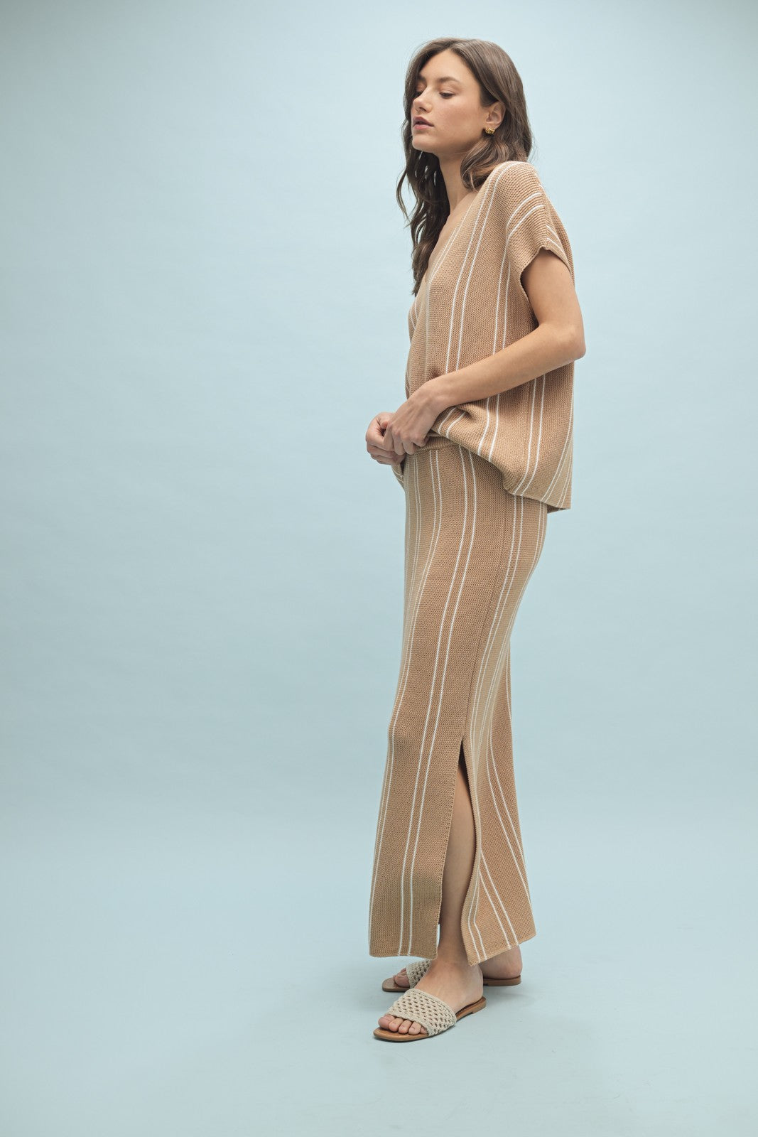 Wishlist striped sweater top and skirt set mocha/cream