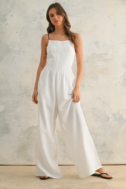 Miou Muse White/black crinkled Fabric jumpsuit with contrast strap