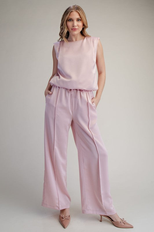 Glam pink round neck shoulder padded top