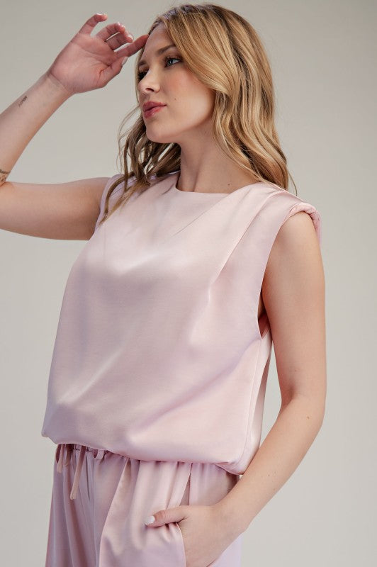 Glam pink round neck shoulder padded top