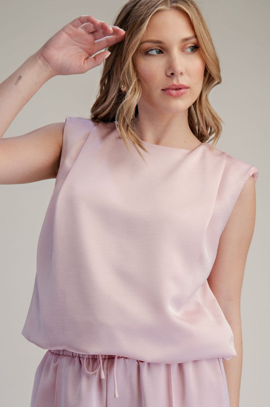 Glam pink round neck shoulder padded top