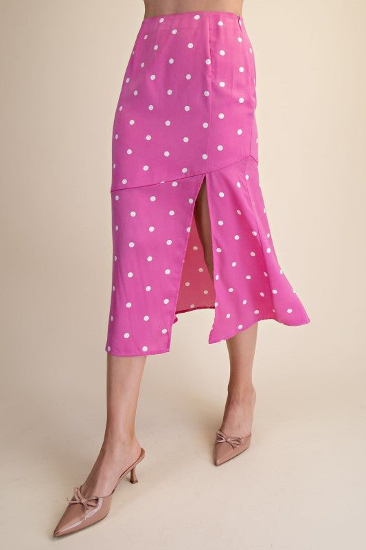 Glam pink white dot midi skirt with slit