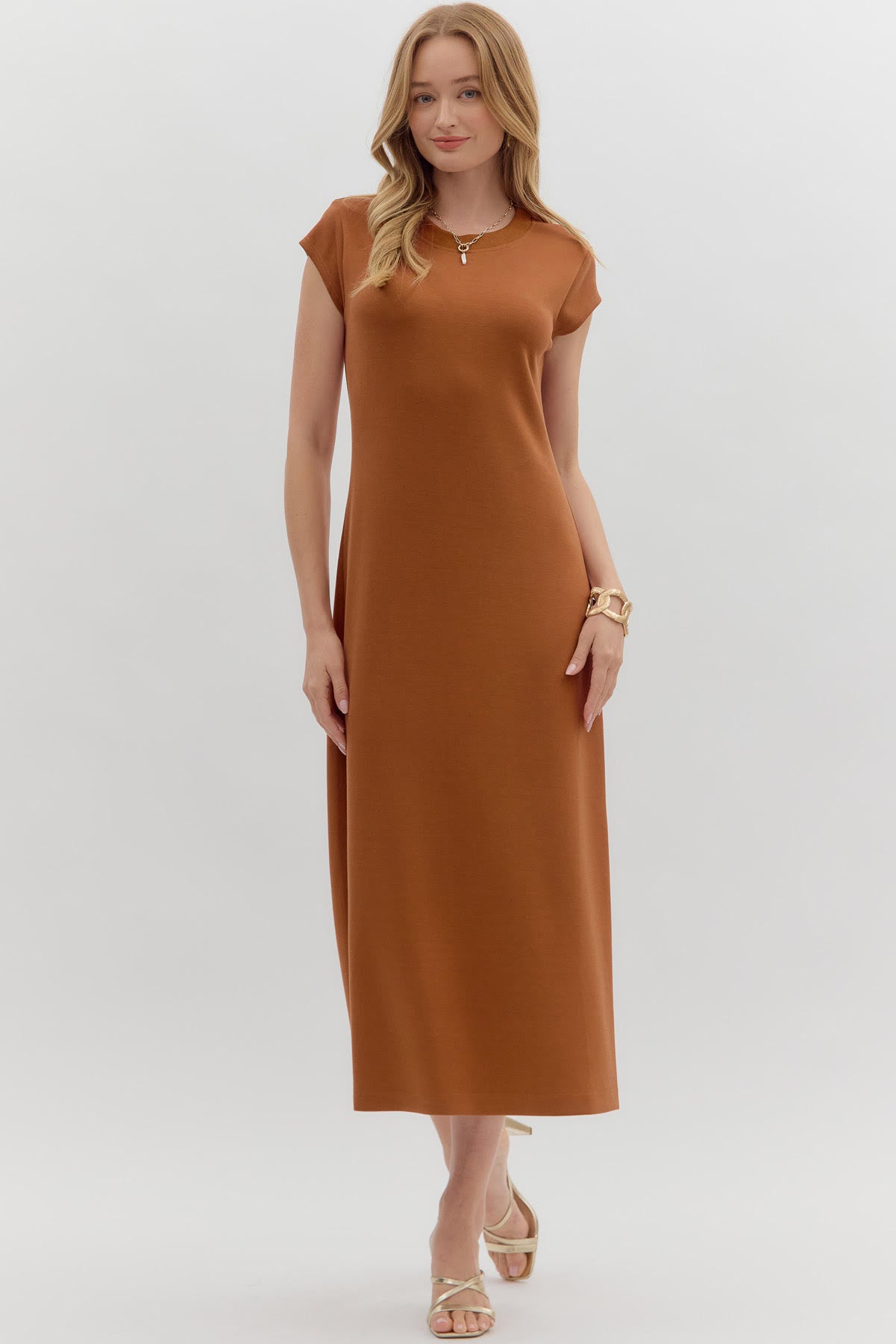 entro chestnut long knit cap sleeve dress